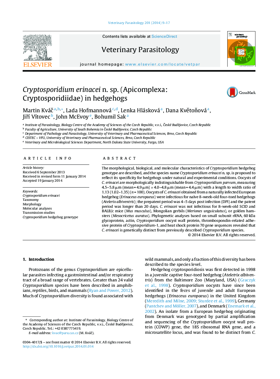 Cryptosporidium erinacei n. sp. (Apicomplexa: Cryptosporidiidae) in hedgehogs