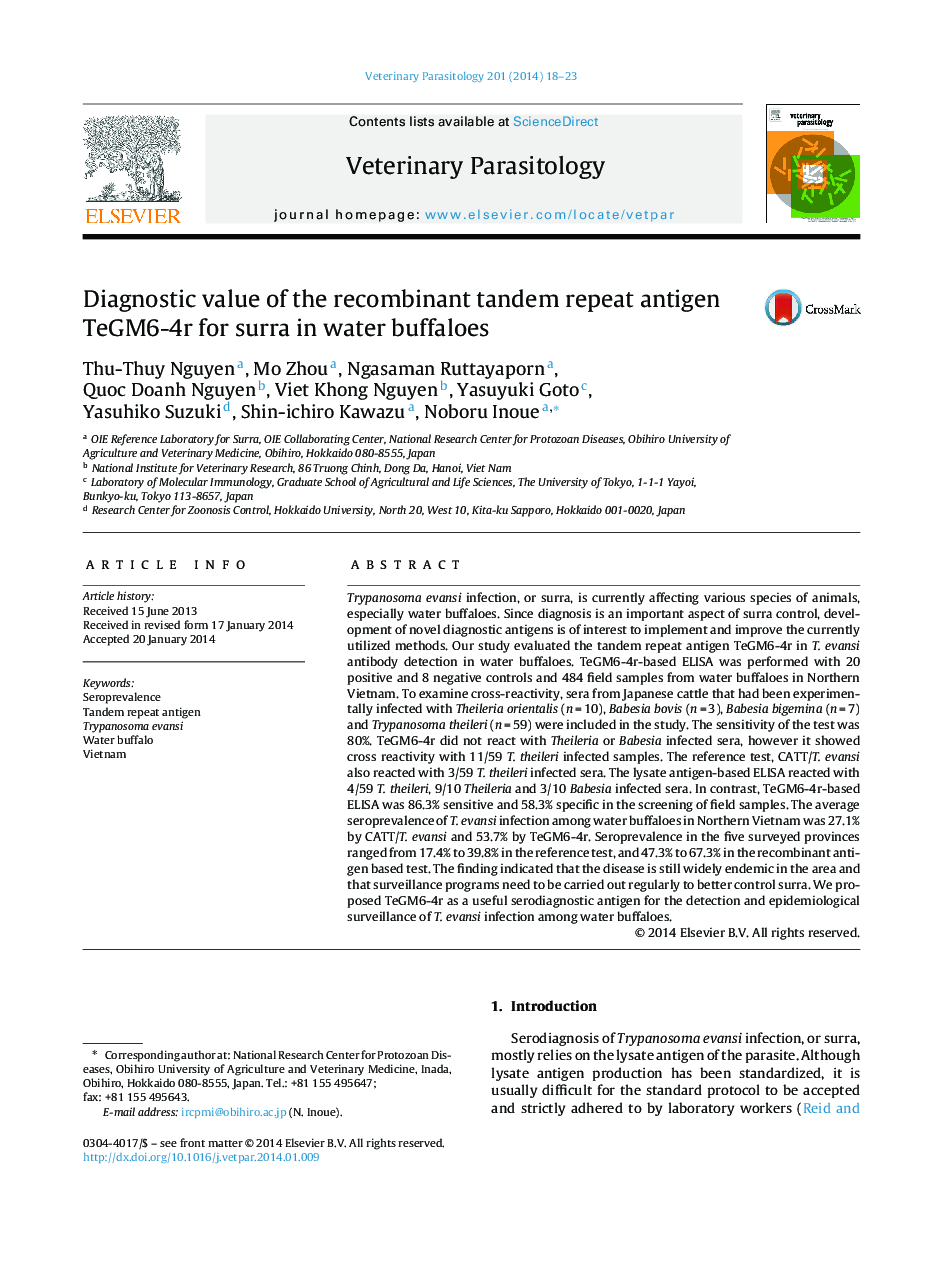 Diagnostic value of the recombinant tandem repeat antigen TeGM6-4r for surra in water buffaloes