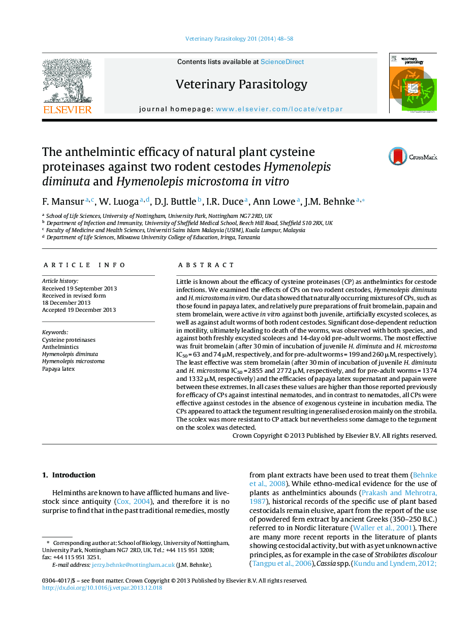 The anthelmintic efficacy of natural plant cysteine proteinases against two rodent cestodes Hymenolepis diminuta and Hymenolepis microstoma in vitro