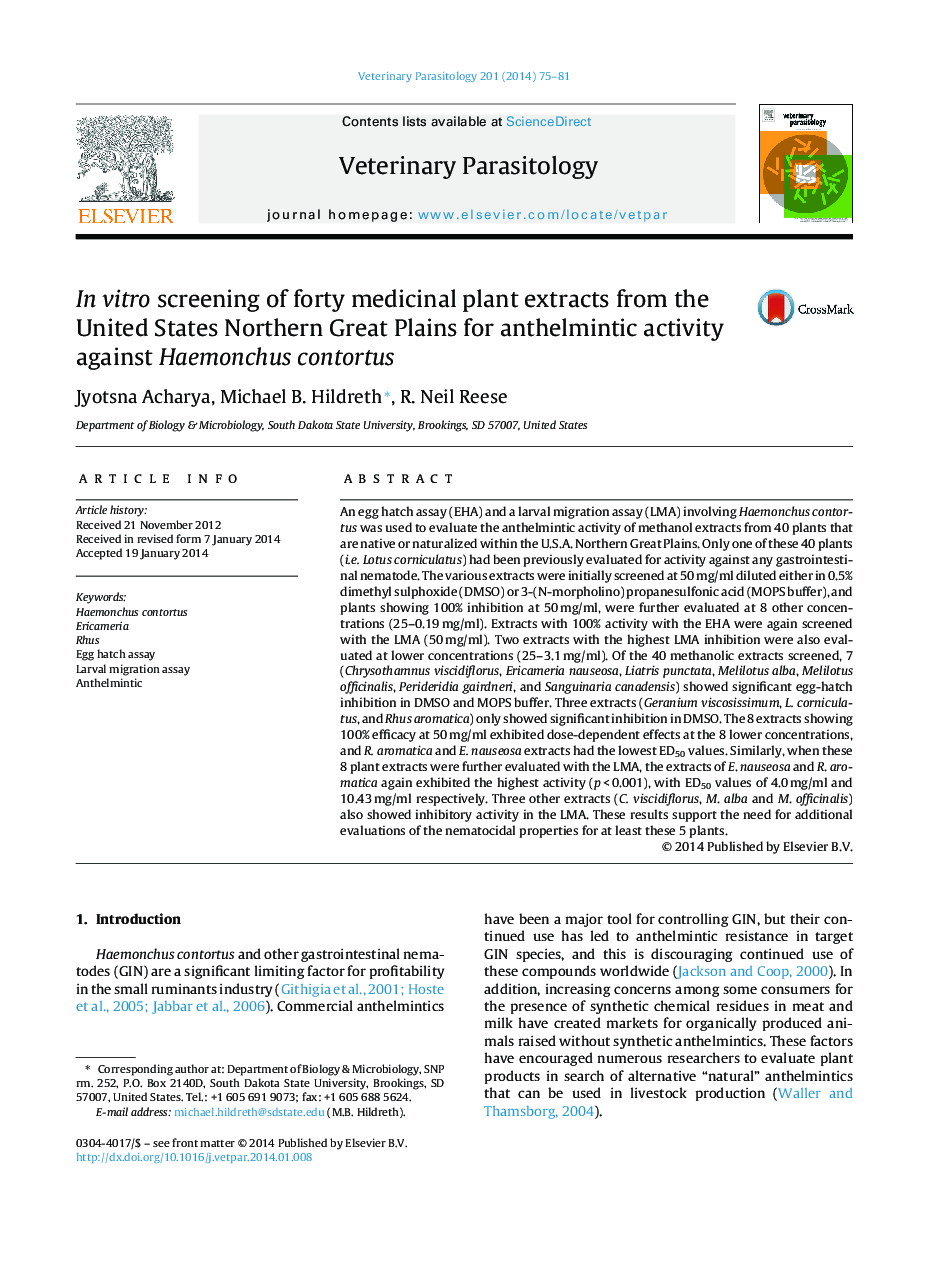 عکس صفحه اول مقاله: In vitro screening of forty medicinal plant extracts from the United States Northern Great Plains for anthelmintic activity against Haemonchus contortus In vitro screening of forty medicinal plant extracts from the United States Northern Great Plains for anthelmintic activity against Haemonchus contortus