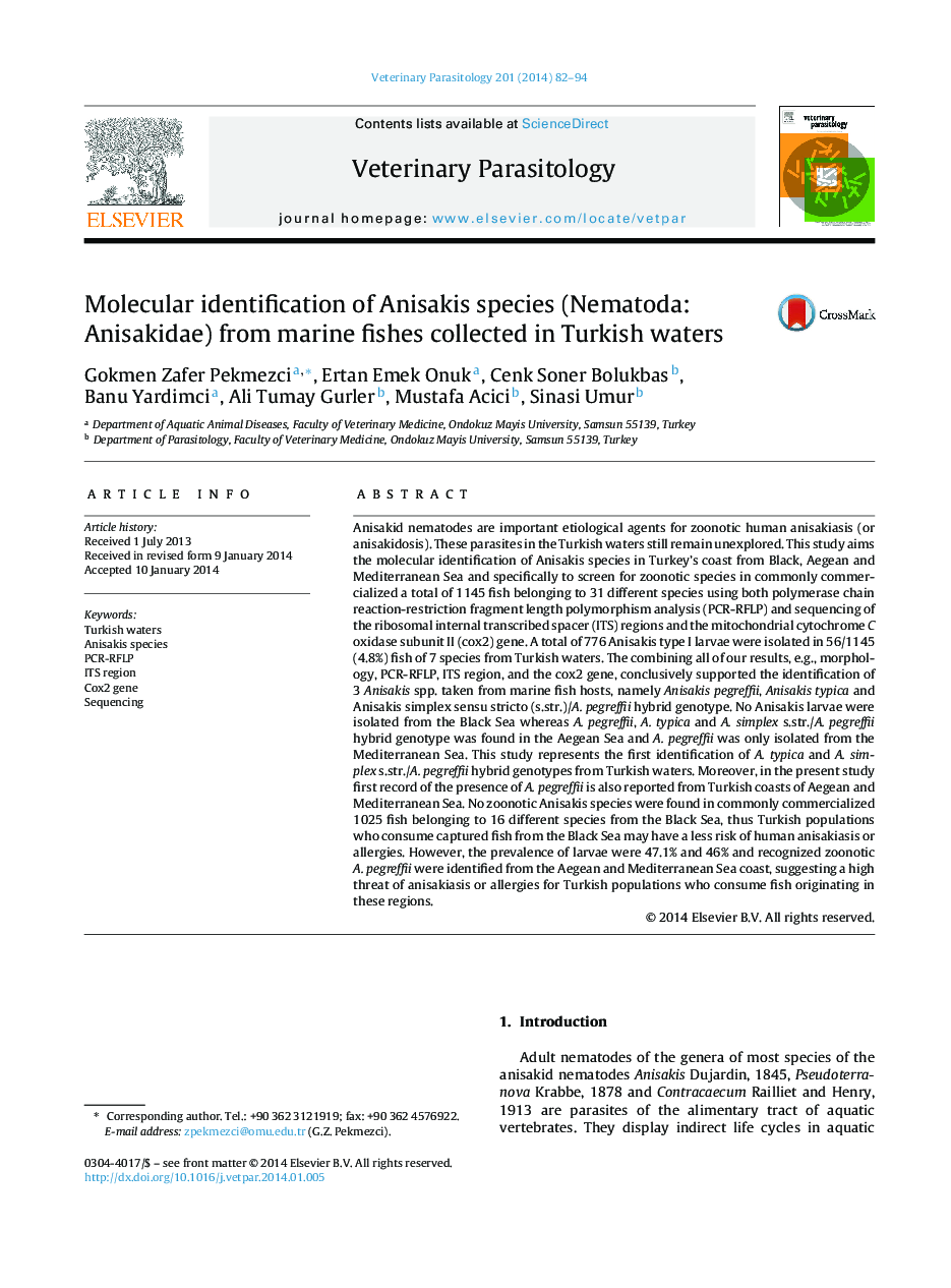 Molecular identification of Anisakis species (Nematoda: Anisakidae) from marine fishes collected in Turkish waters