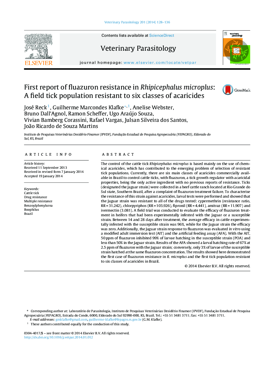 First report of fluazuron resistance in Rhipicephalus microplus: A field tick population resistant to six classes of acaricides