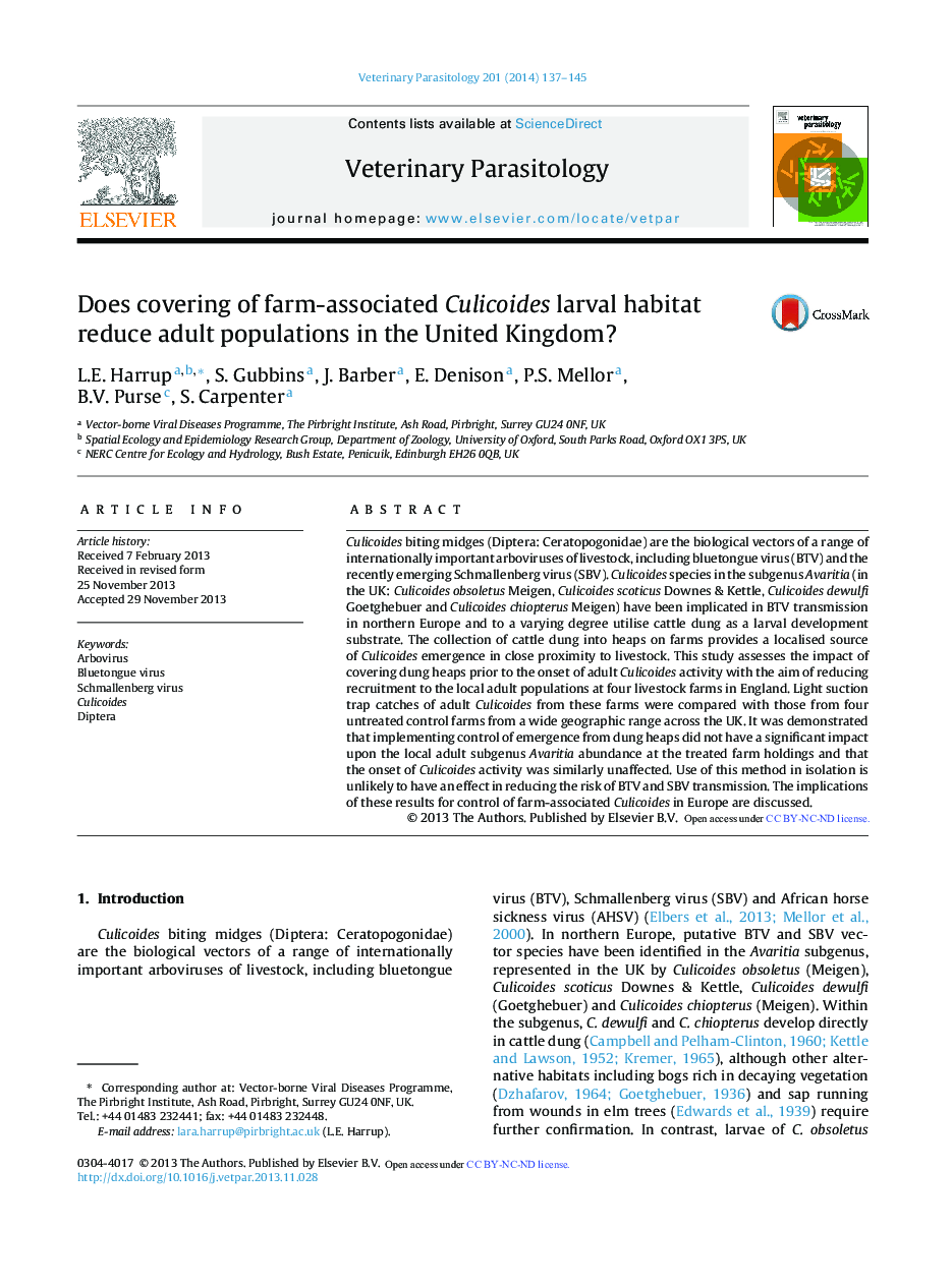 Does covering of farm-associated Culicoides larval habitat reduce adult populations in the United Kingdom?