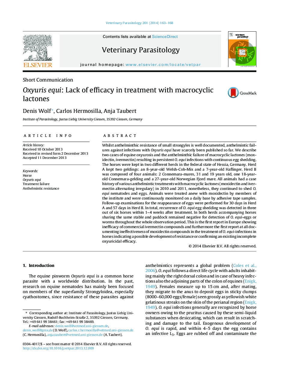 Oxyuris equi: Lack of efficacy in treatment with macrocyclic lactones