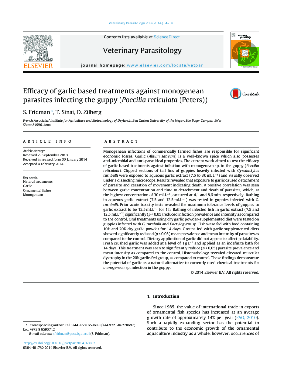 Efficacy of garlic based treatments against monogenean parasites infecting the guppy (Poecilia reticulata (Peters))