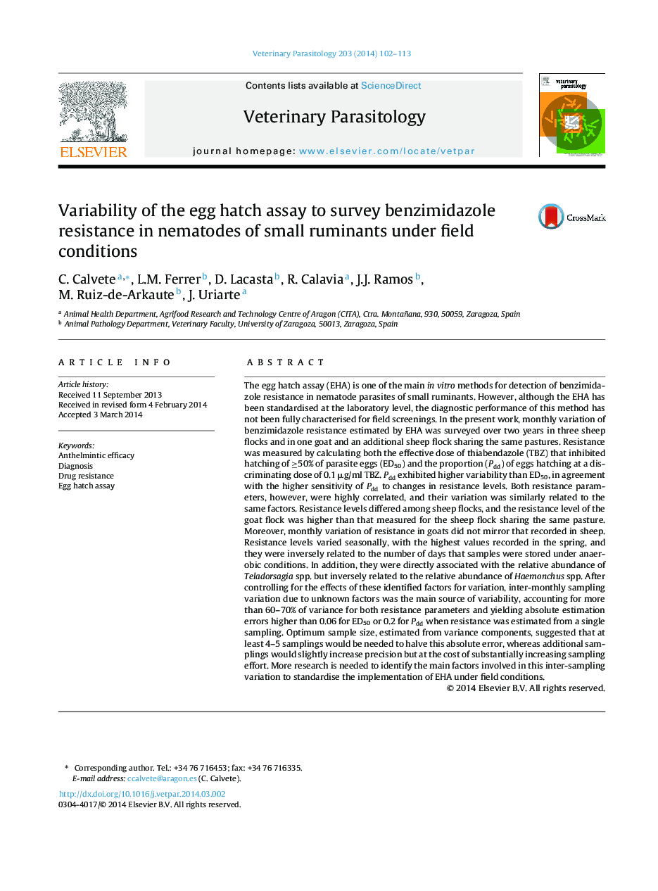 Variability of the egg hatch assay to survey benzimidazole resistance in nematodes of small ruminants under field conditions