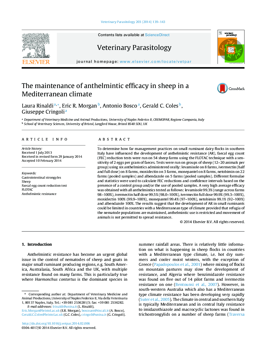 The maintenance of anthelmintic efficacy in sheep in a Mediterranean climate