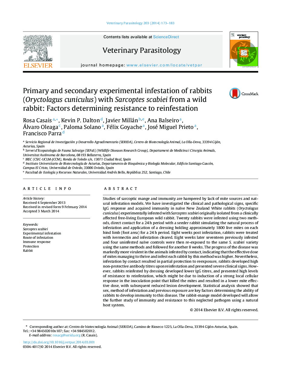 Primary and secondary experimental infestation of rabbits (Oryctolagus cuniculus) with Sarcoptes scabiei from a wild rabbit: Factors determining resistance to reinfestation