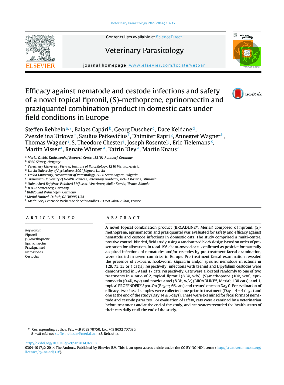 Efficacy against nematode and cestode infections and safety of a novel topical fipronil, (S)-methoprene, eprinomectin and praziquantel combination product in domestic cats under field conditions in Europe