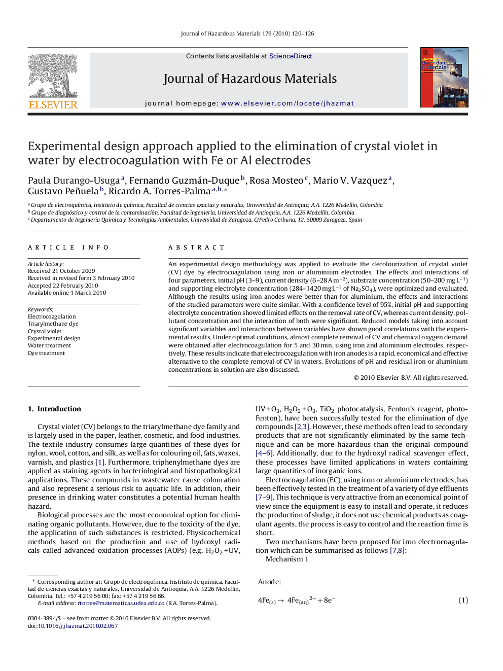 Experimental design approach applied to the elimination of crystal violet in water by electrocoagulation with Fe or Al electrodes