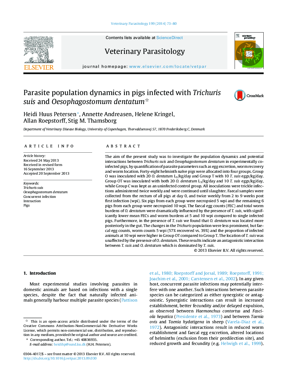 Parasite population dynamics in pigs infected with Trichuris suis and Oesophagostomum dentatum