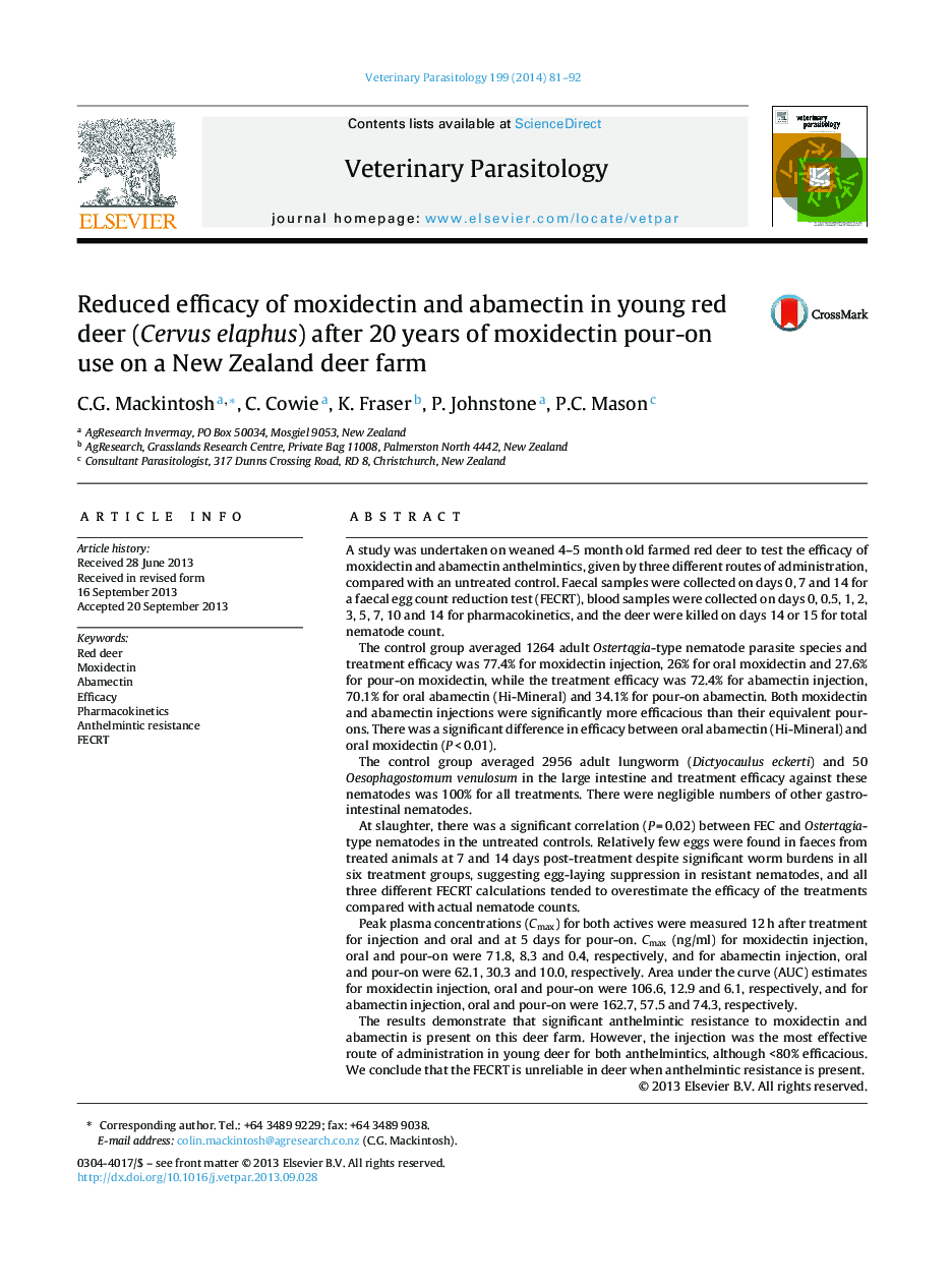 Reduced efficacy of moxidectin and abamectin in young red deer (Cervus elaphus) after 20 years of moxidectin pour-on use on a New Zealand deer farm