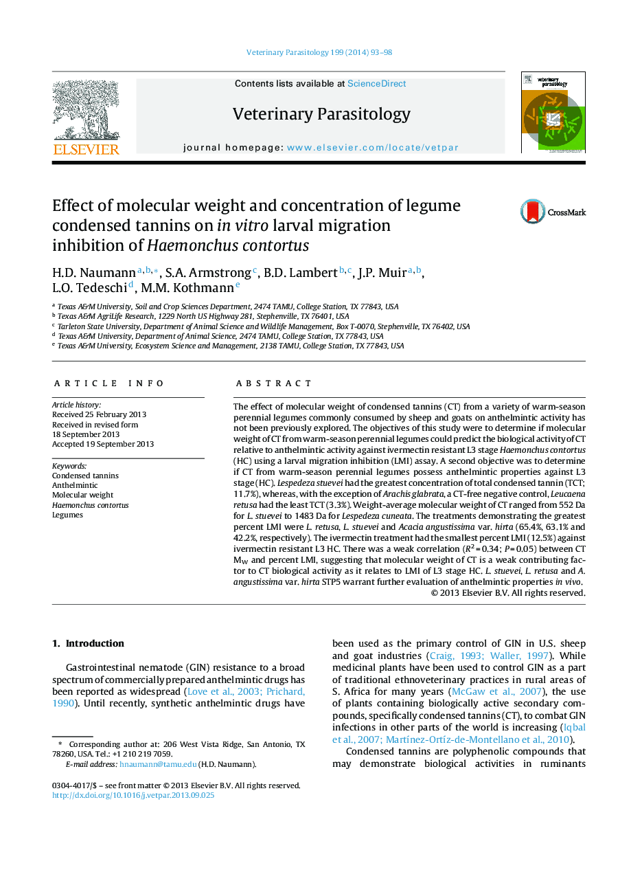 Effect of molecular weight and concentration of legume condensed tannins on in vitro larval migration inhibition of Haemonchus contortus