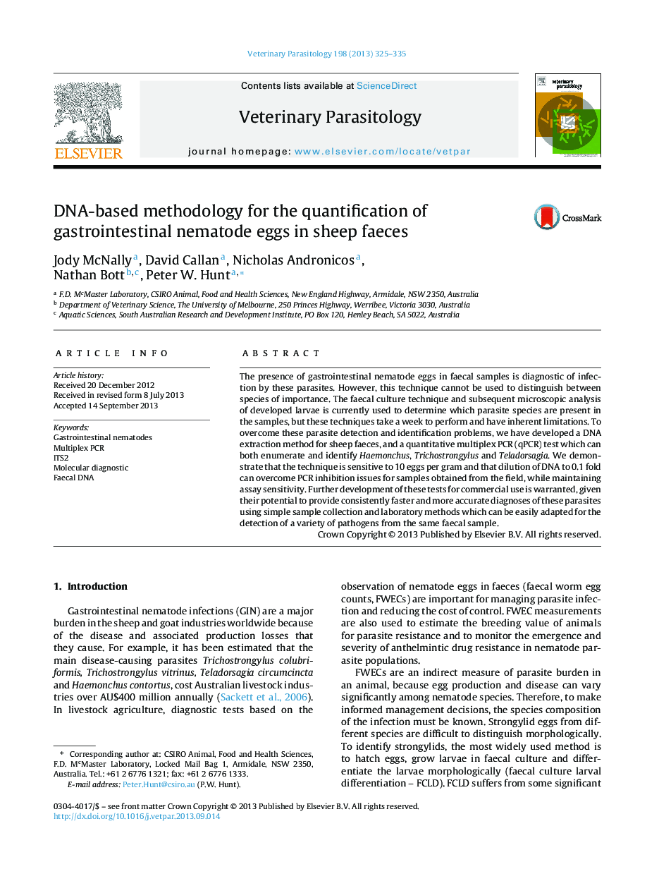 DNA-based methodology for the quantification of gastrointestinal nematode eggs in sheep faeces