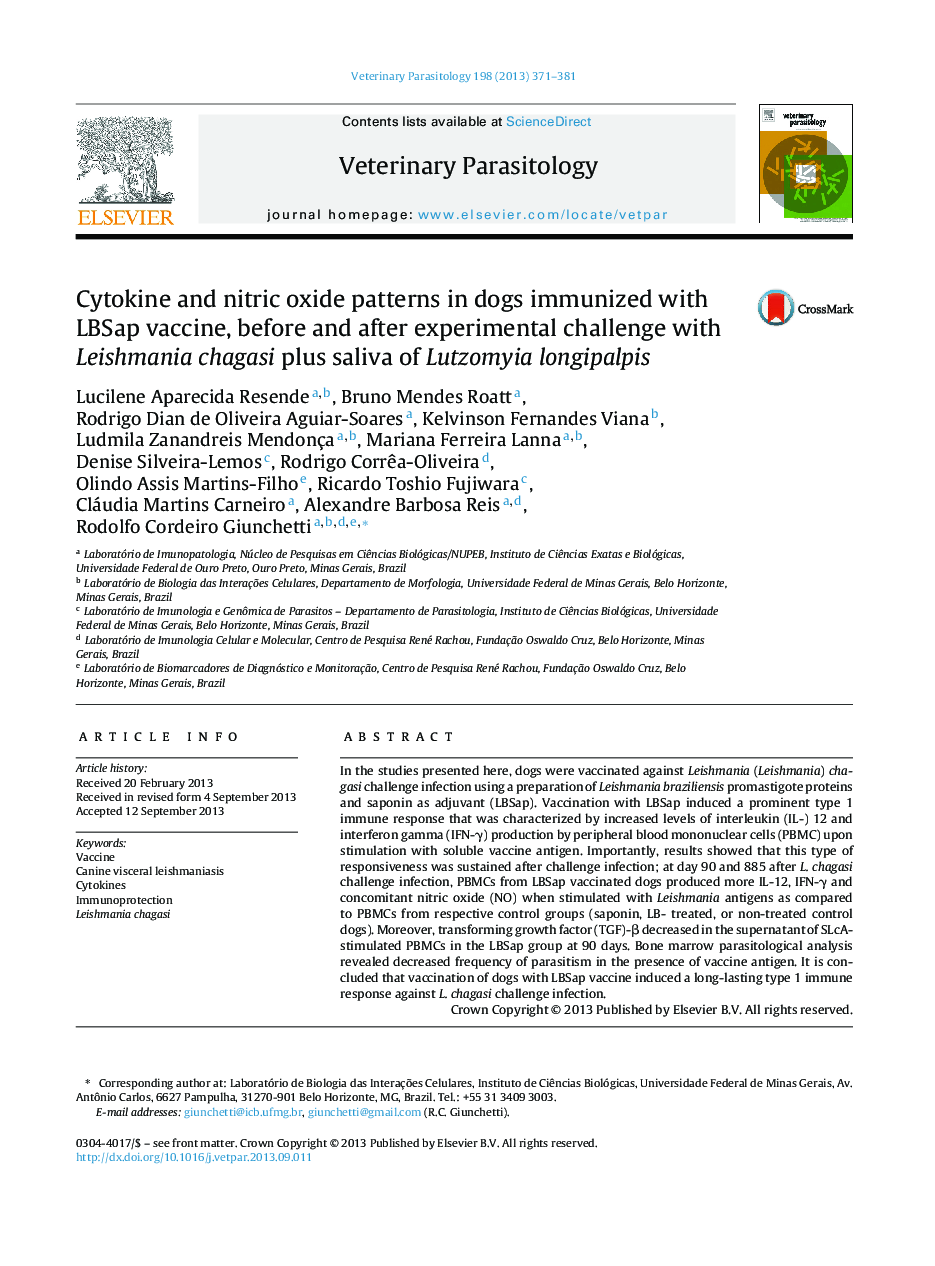 Cytokine and nitric oxide patterns in dogs immunized with LBSap vaccine, before and after experimental challenge with Leishmania chagasi plus saliva of Lutzomyia longipalpis