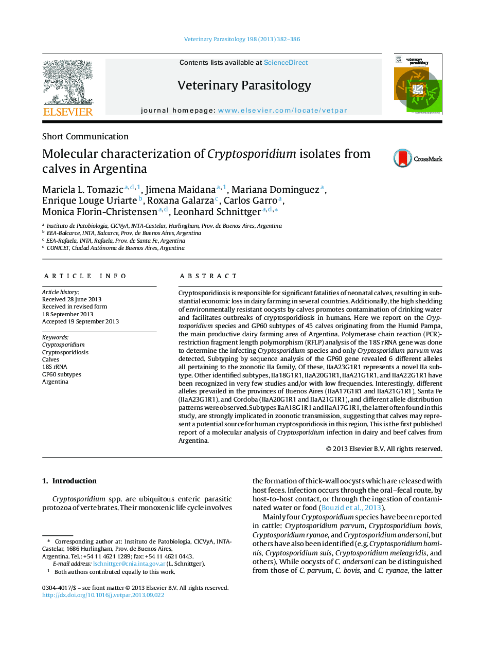 خصوصیات مولکولی جدایی کریپتوسپوریدیوم از گوساله ها در آرژانتین 