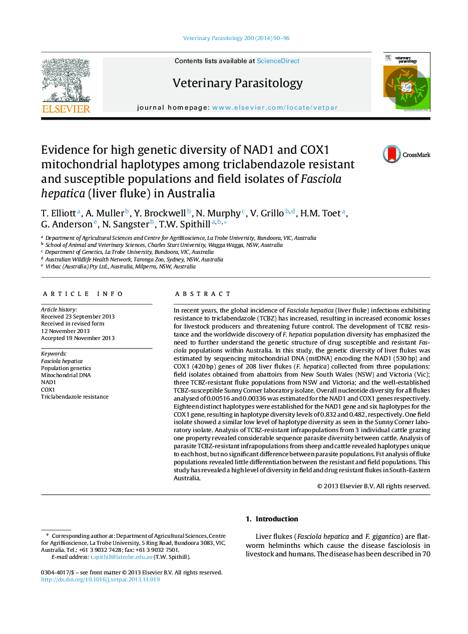 Evidence for high genetic diversity of NAD1 and COX1 mitochondrial haplotypes among triclabendazole resistant and susceptible populations and field isolates of Fasciola hepatica (liver fluke) in Australia