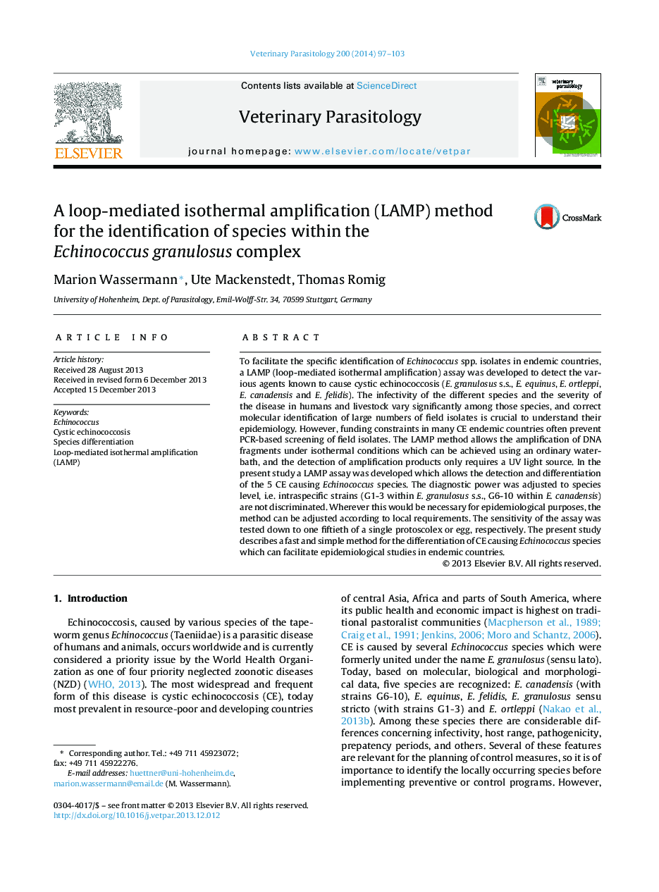 A loop-mediated isothermal amplification (LAMP) method for the identification of species within the Echinococcus granulosus complex