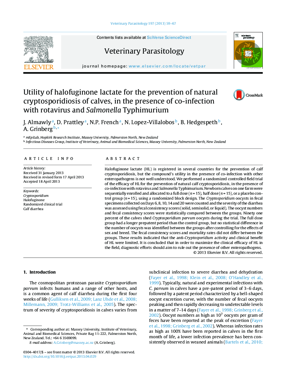 Utility of halofuginone lactate for the prevention of natural cryptosporidiosis of calves, in the presence of co-infection with rotavirus and Salmonella Typhimurium