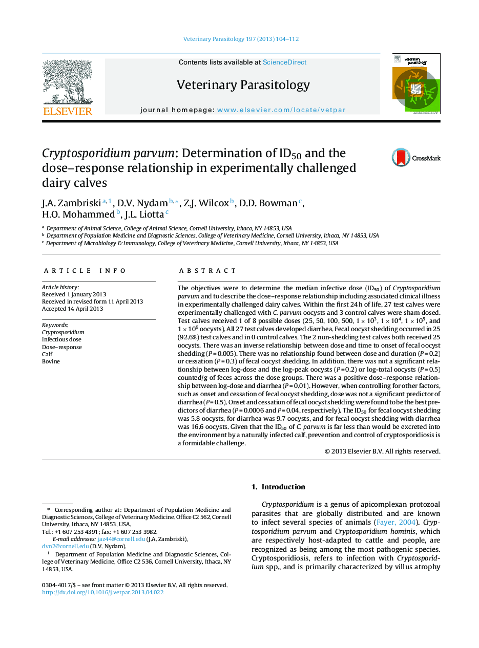 Cryptosporidium parvum: Determination of ID50 and the dose-response relationship in experimentally challenged dairy calves