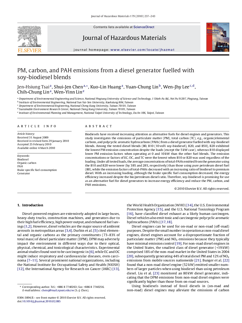 عکس صفحه اول مقاله: PM, carbon, and PAH emissions from a diesel generator fuelled with soy-biodiesel blends PM, carbon, and PAH emissions from a diesel generator fuelled with soy-biodiesel blends