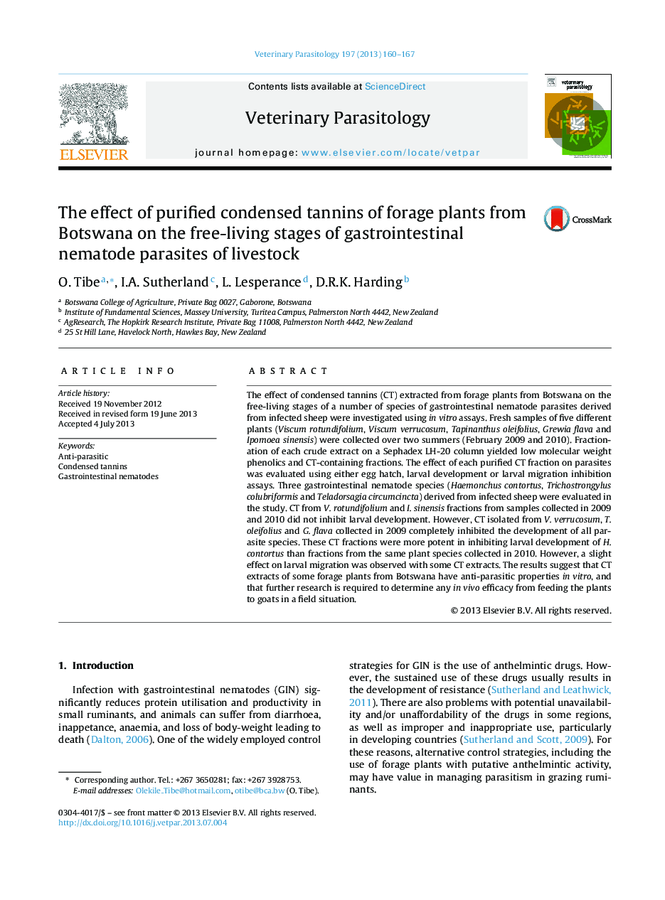 The effect of purified condensed tannins of forage plants from Botswana on the free-living stages of gastrointestinal nematode parasites of livestock