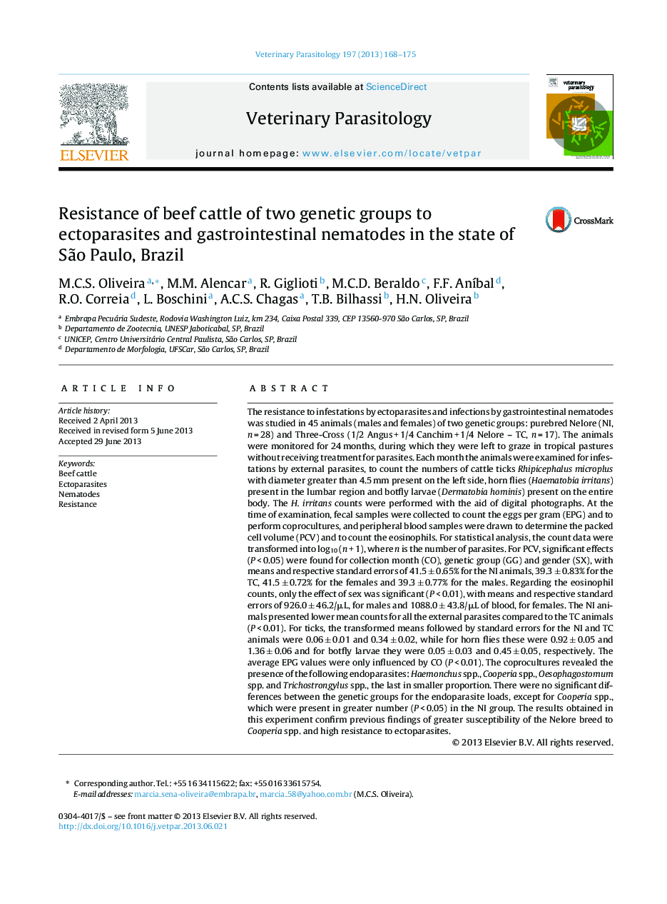 Resistance of beef cattle of two genetic groups to ectoparasites and gastrointestinal nematodes in the state of SÃ£o Paulo, Brazil