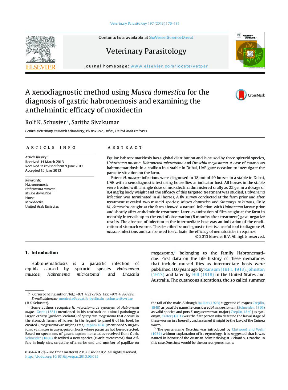 A xenodiagnostic method using Musca domestica for the diagnosis of gastric habronemosis and examining the anthelmintic efficacy of moxidectin