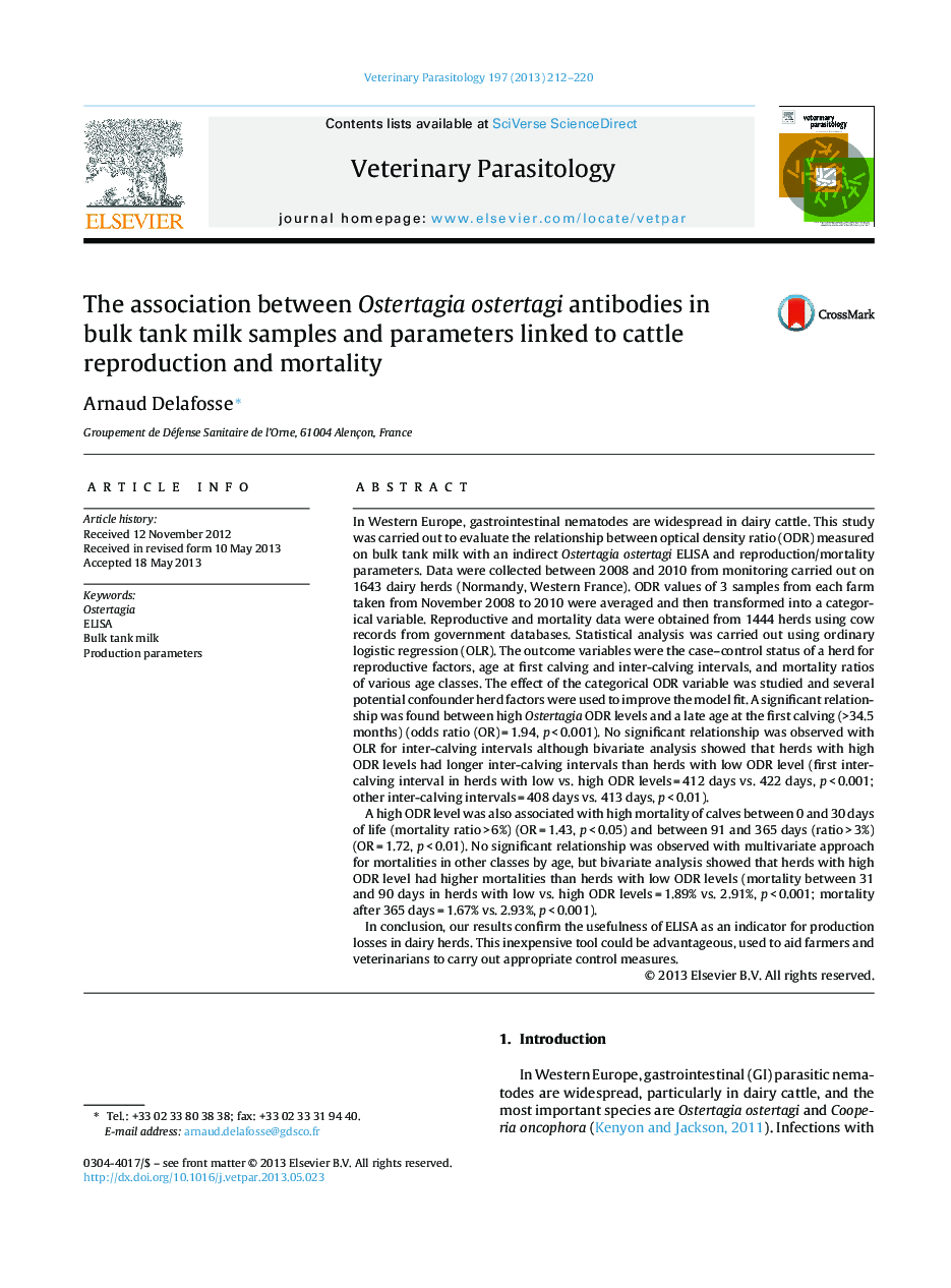 The association between Ostertagia ostertagi antibodies in bulk tank milk samples and parameters linked to cattle reproduction and mortality