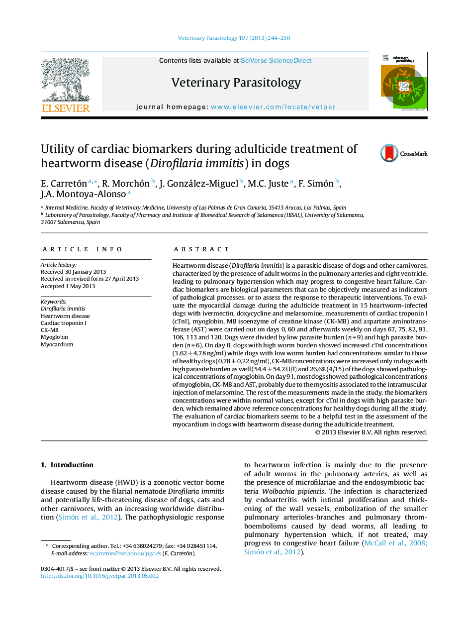 Utility of cardiac biomarkers during adulticide treatment of heartworm disease (Dirofilaria immitis) in dogs