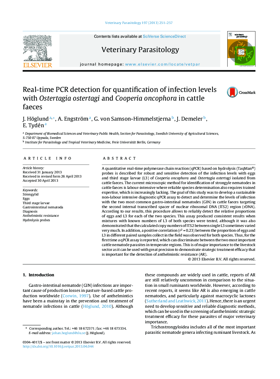 Real-time PCR detection for quantification of infection levels with Ostertagia ostertagi and Cooperia oncophora in cattle faeces