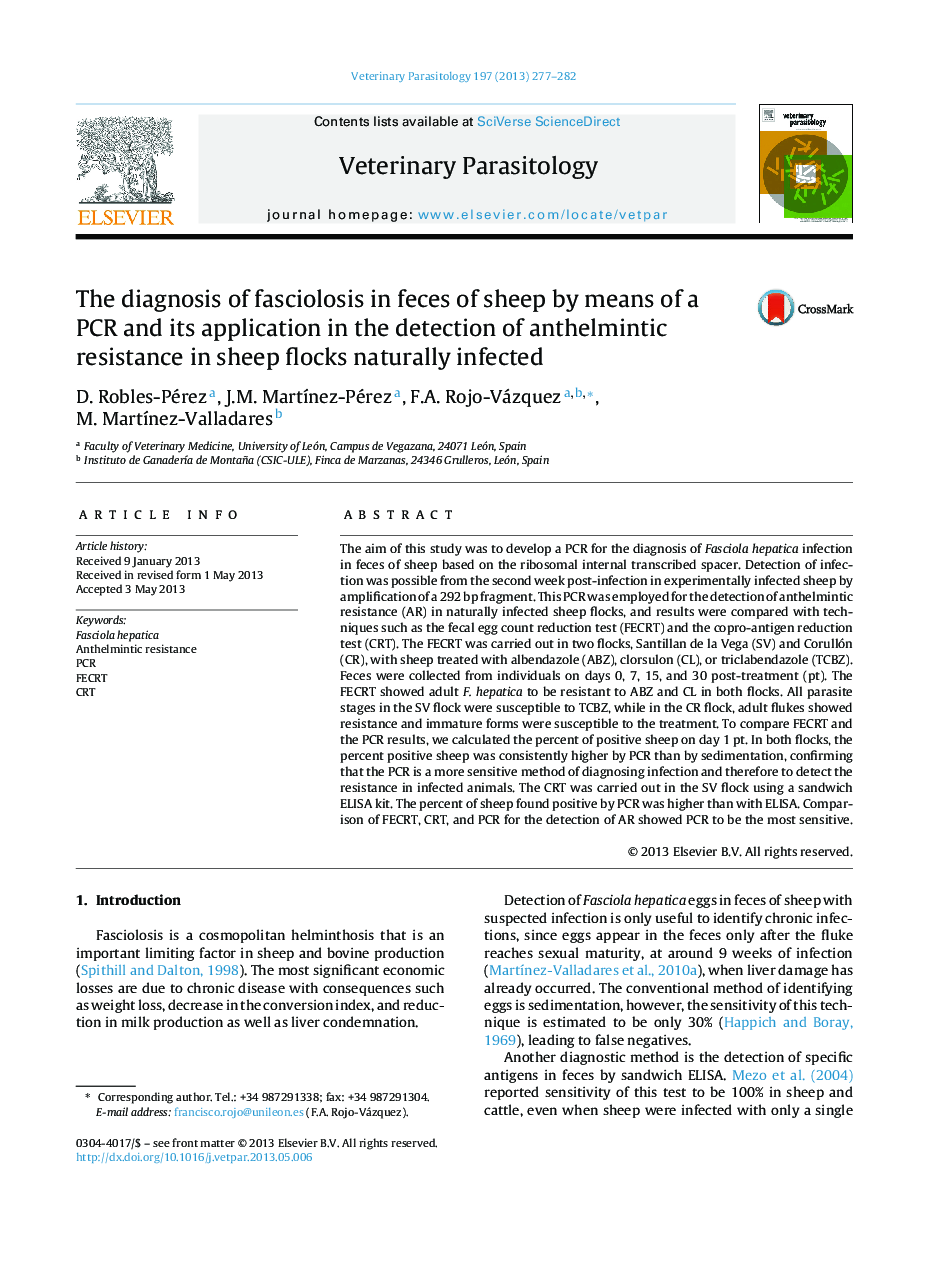 The diagnosis of fasciolosis in feces of sheep by means of a PCR and its application in the detection of anthelmintic resistance in sheep flocks naturally infected