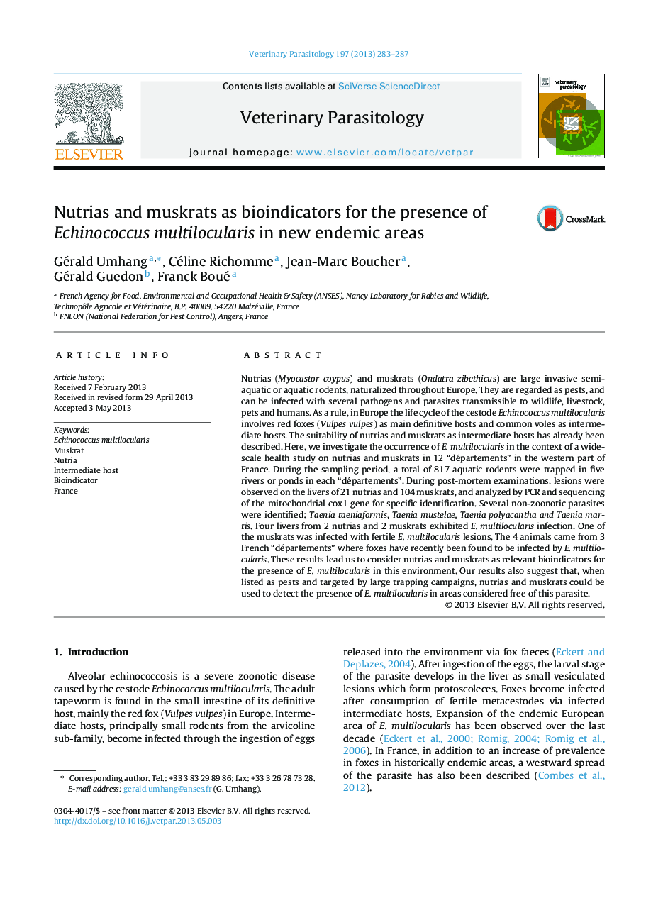 Nutrias and muskrats as bioindicators for the presence of Echinococcus multilocularis in new endemic areas