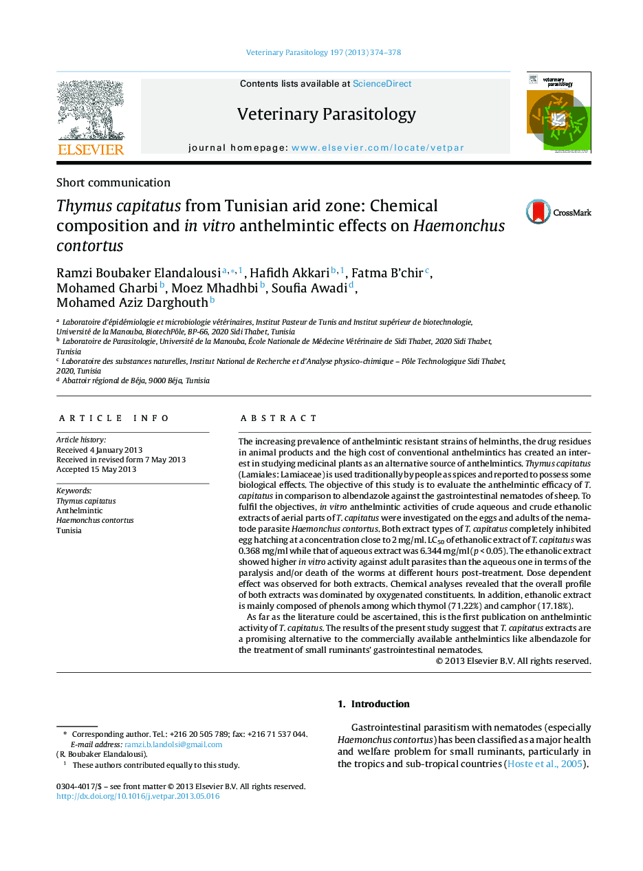 Thymus capitatus from Tunisian arid zone: Chemical composition and in vitro anthelmintic effects on Haemonchus contortus