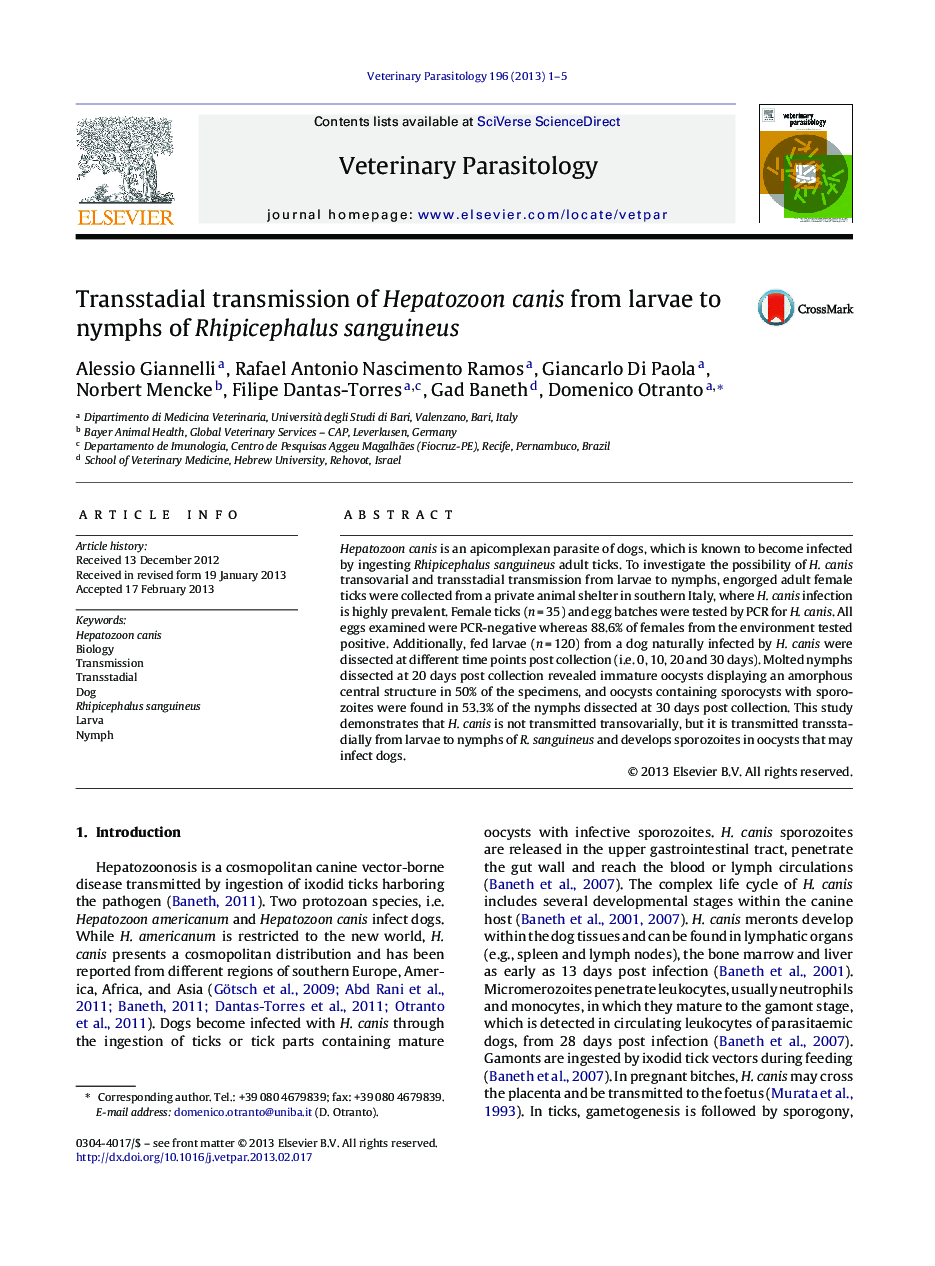 Transstadial transmission of Hepatozoon canis from larvae to nymphs of Rhipicephalus sanguineus