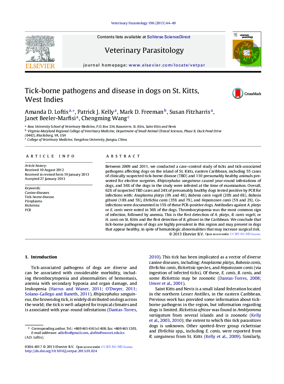 Tick-borne pathogens and disease in dogs on St. Kitts, West Indies