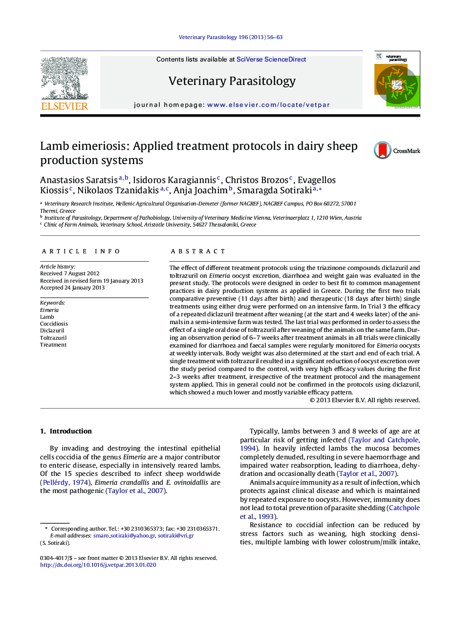 Lamb eimeriosis: Applied treatment protocols in dairy sheep production systems