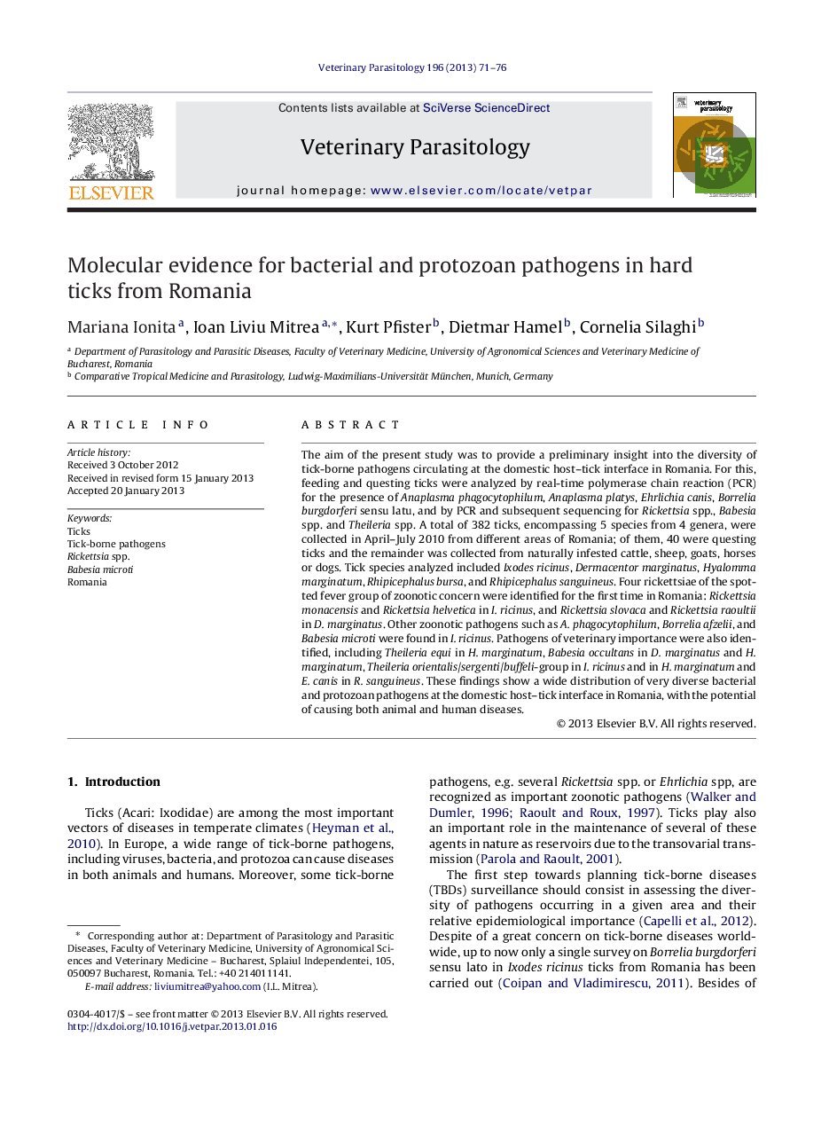 Molecular evidence for bacterial and protozoan pathogens in hard ticks from Romania