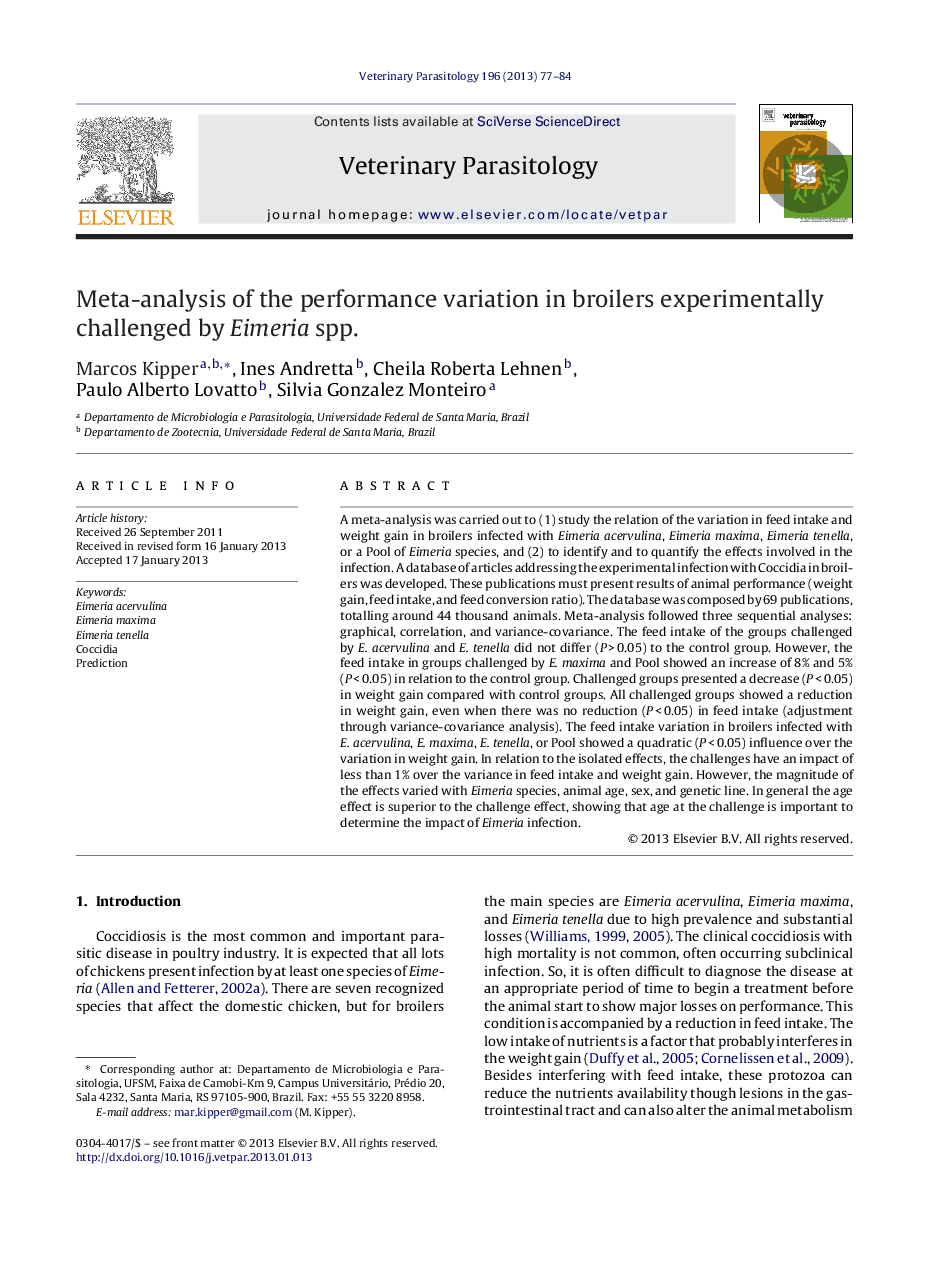 Meta-analysis of the performance variation in broilers experimentally challenged by Eimeria spp.