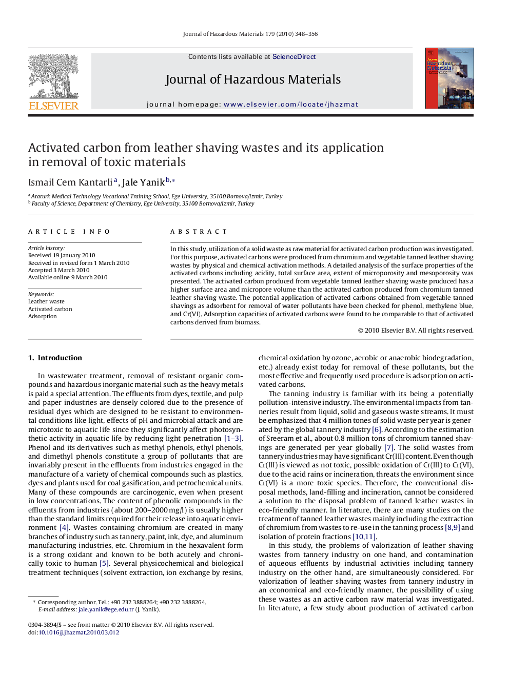 Activated carbon from leather shaving wastes and its application in removal of toxic materials