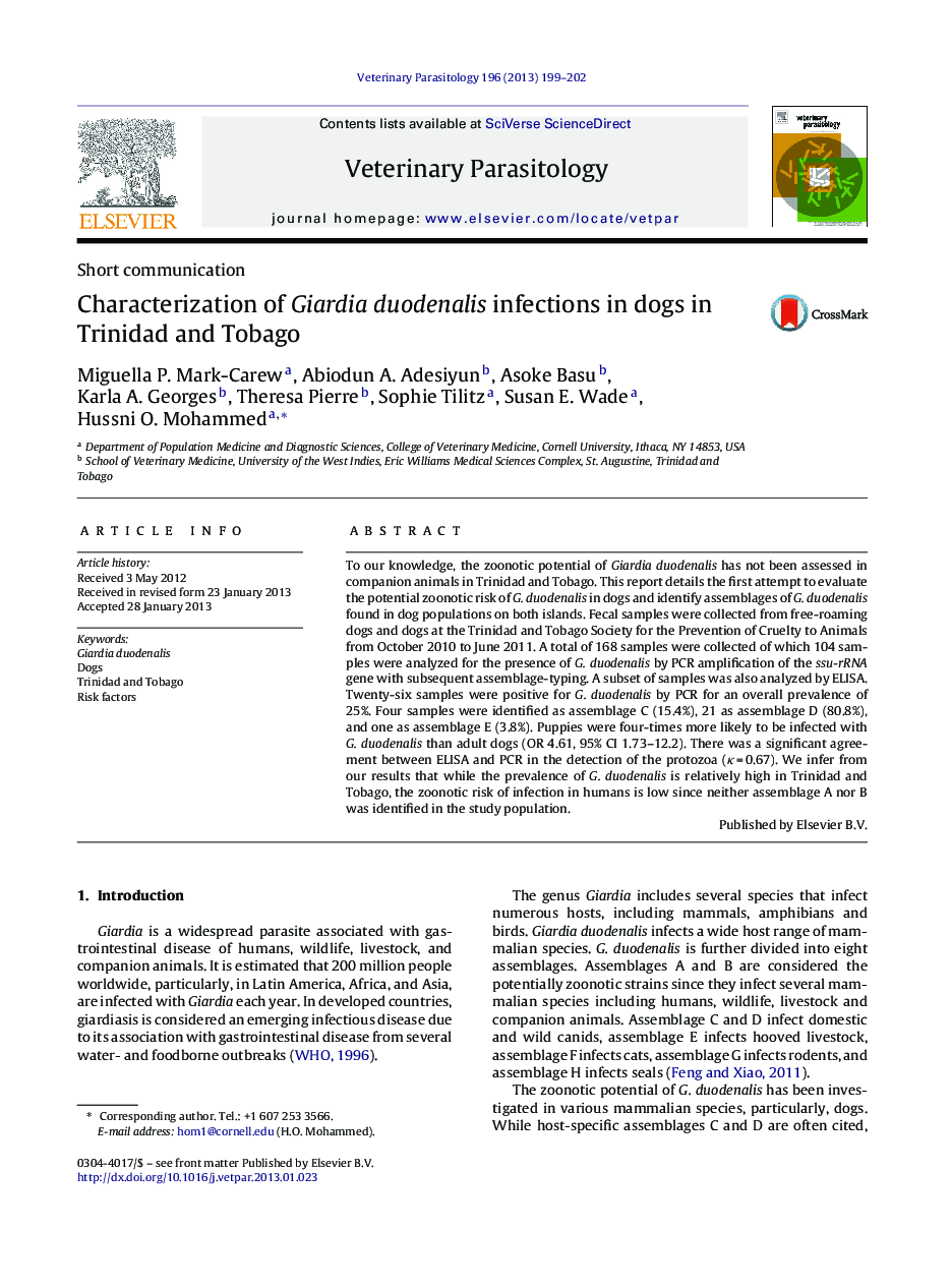 Characterization of Giardia duodenalis infections in dogs in Trinidad and Tobago