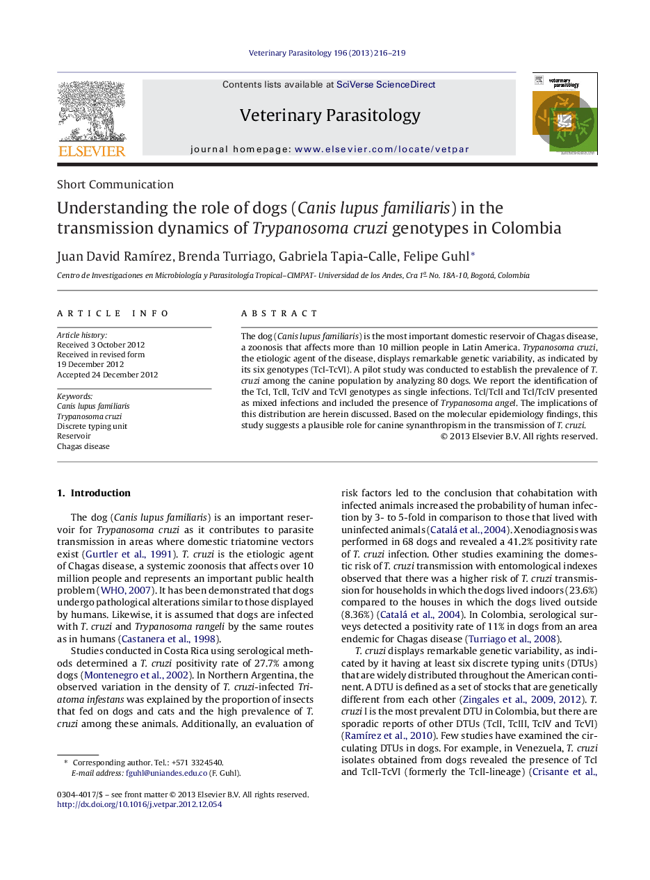 Understanding the role of dogs (Canis lupus familiaris) in the transmission dynamics of Trypanosoma cruzi genotypes in Colombia