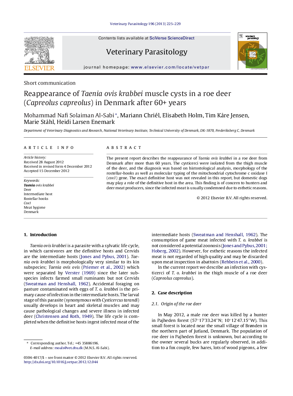 Reappearance of Taenia ovis krabbei muscle cysts in a roe deer (Capreolus capreolus) in Denmark after 60+ years