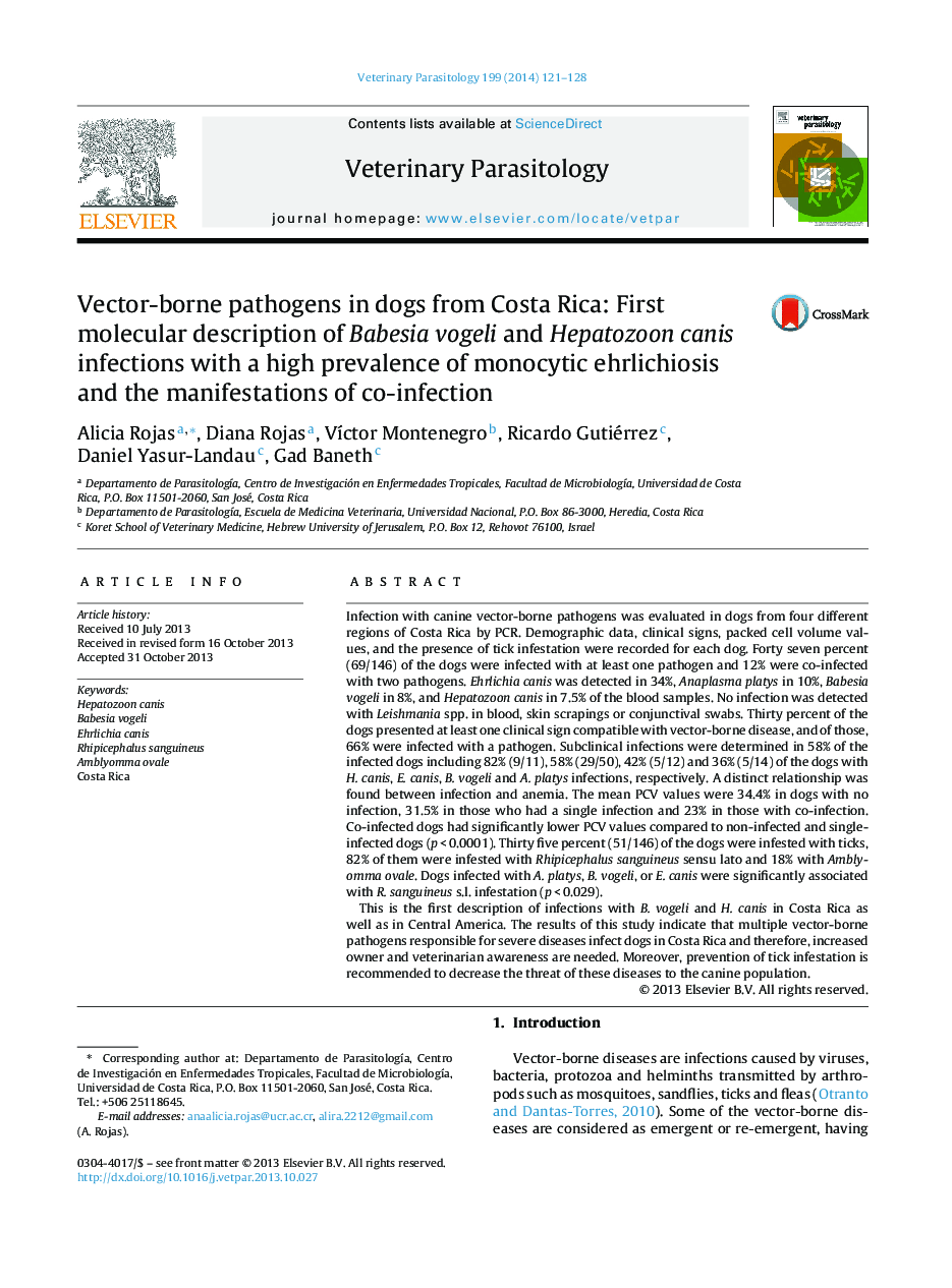 Vector-borne pathogens in dogs from Costa Rica: First molecular description of Babesia vogeli and Hepatozoon canis infections with a high prevalence of monocytic ehrlichiosis and the manifestations of co-infection