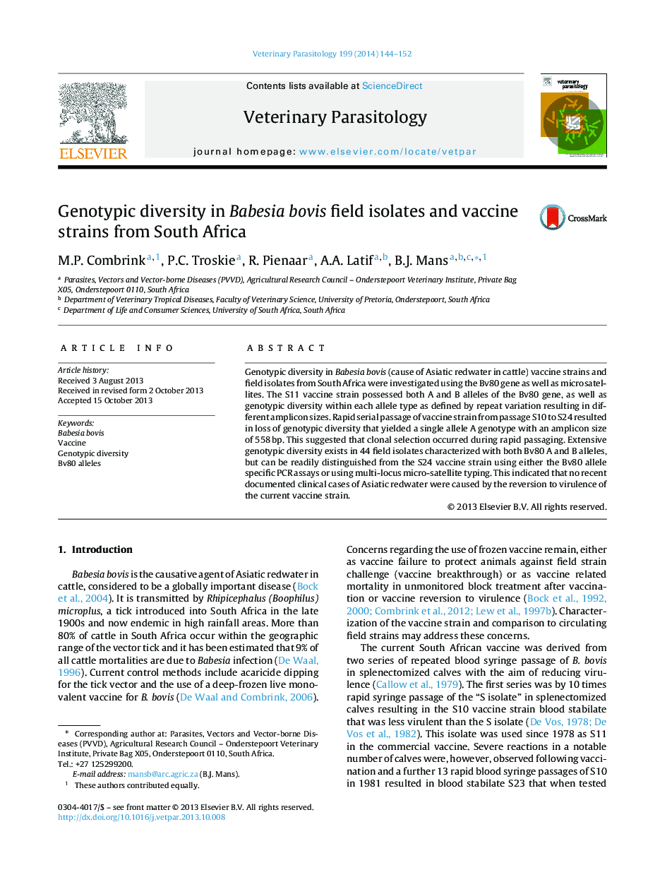 Genotypic diversity in Babesia bovis field isolates and vaccine strains from South Africa