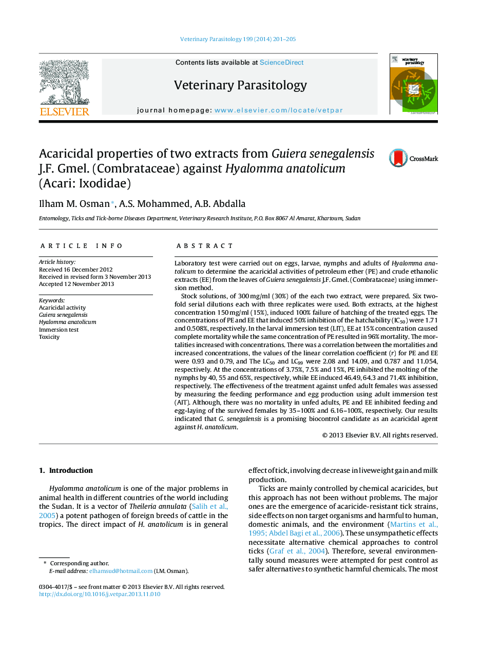 Acaricidal properties of two extracts from Guiera senegalensis J.F. Gmel. (Combrataceae) against Hyalomma anatolicum (Acari: Ixodidae)