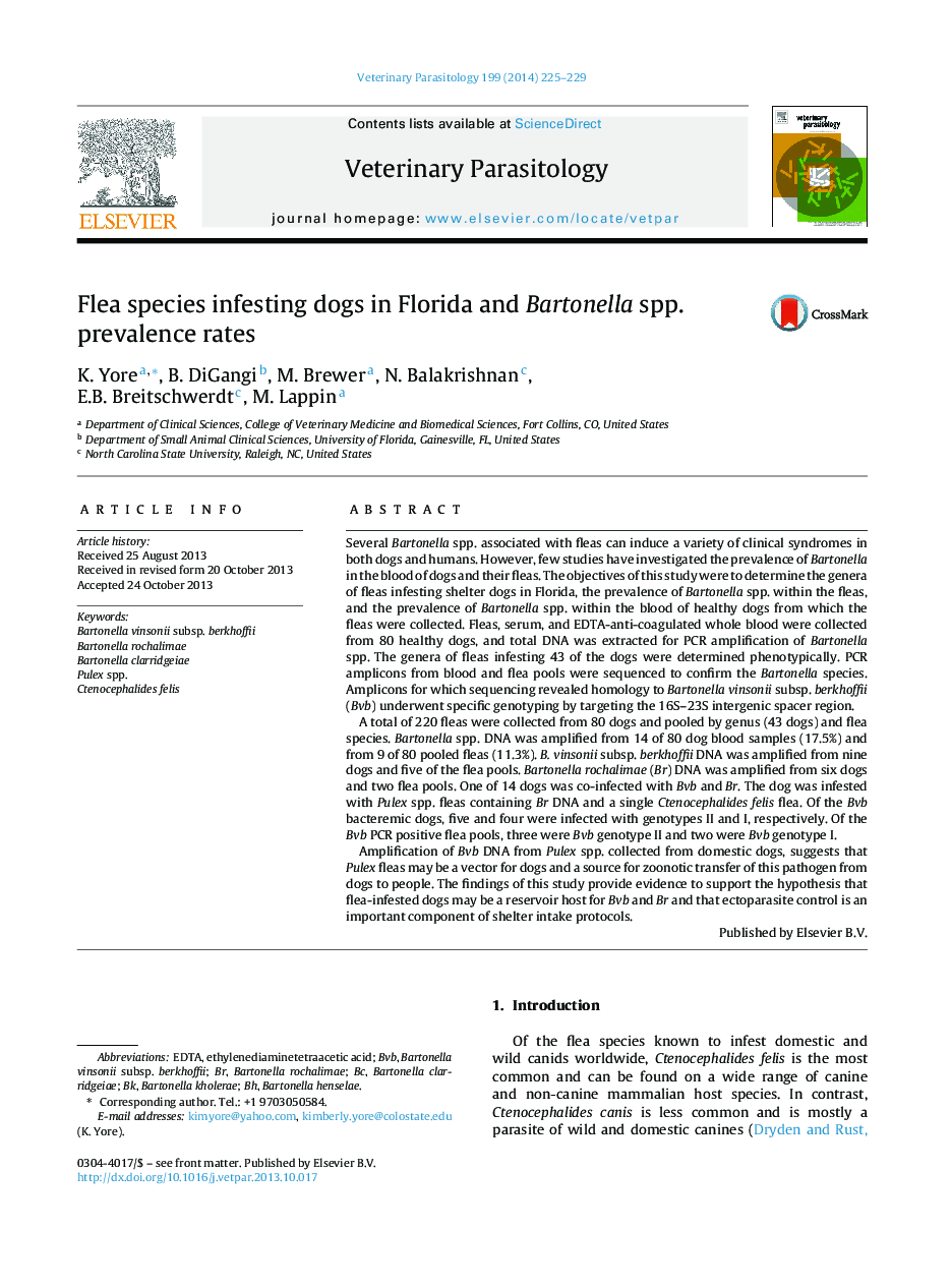 Flea species infesting dogs in Florida and Bartonella spp. prevalence rates