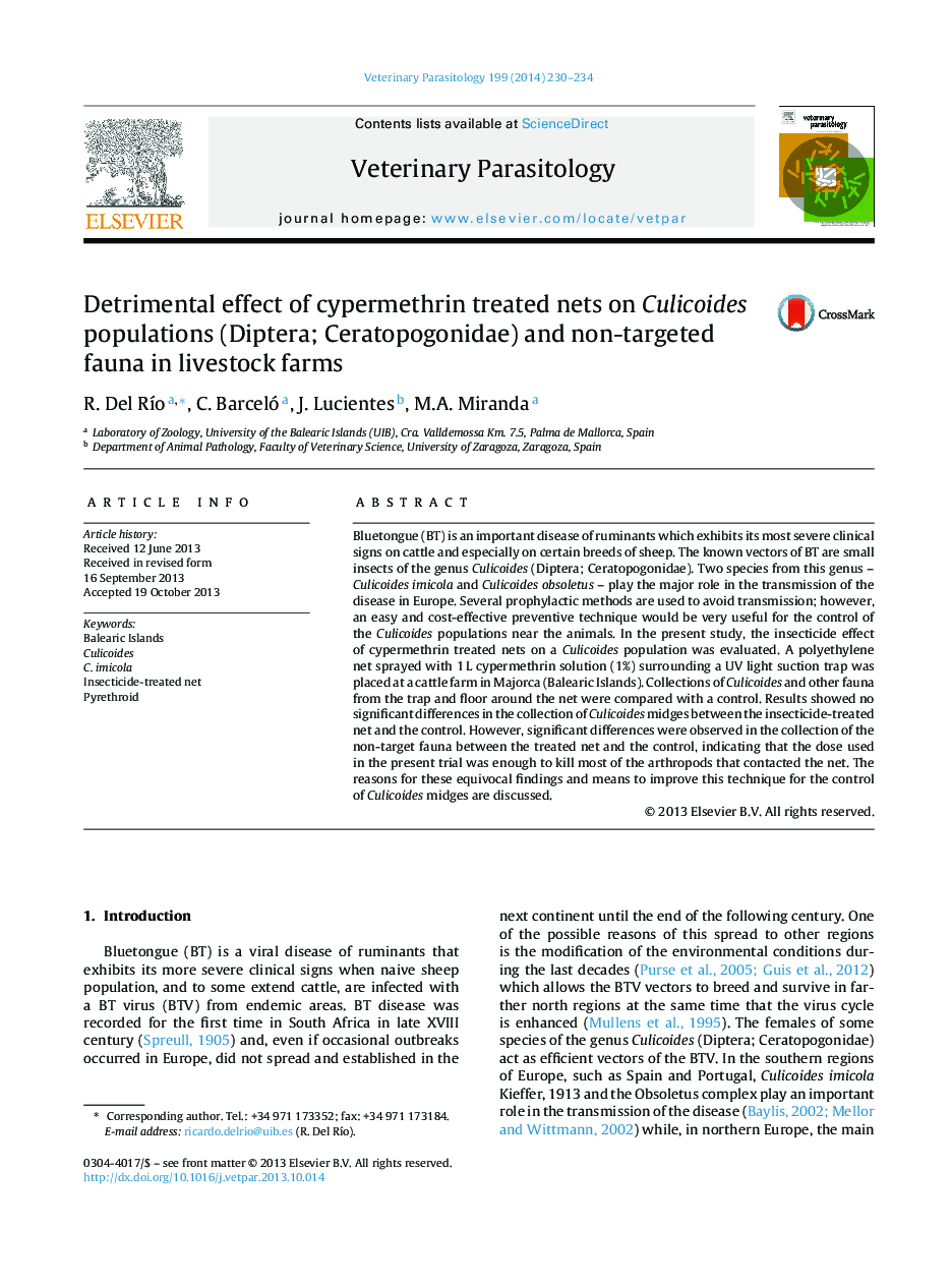 Detrimental effect of cypermethrin treated nets on Culicoides populations (Diptera; Ceratopogonidae) and non-targeted fauna in livestock farms