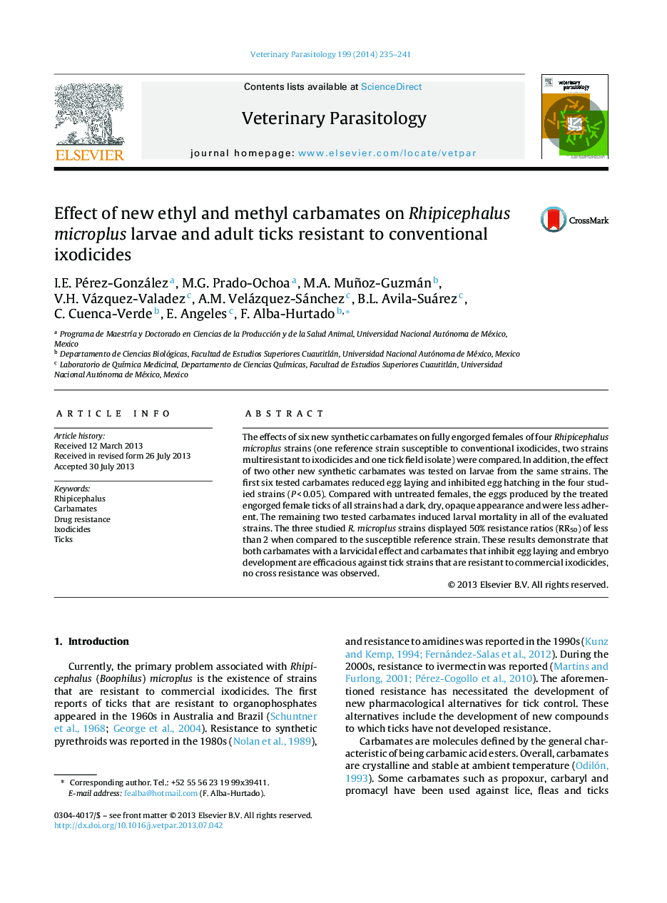 Effect of new ethyl and methyl carbamates on Rhipicephalus microplus larvae and adult ticks resistant to conventional ixodicides