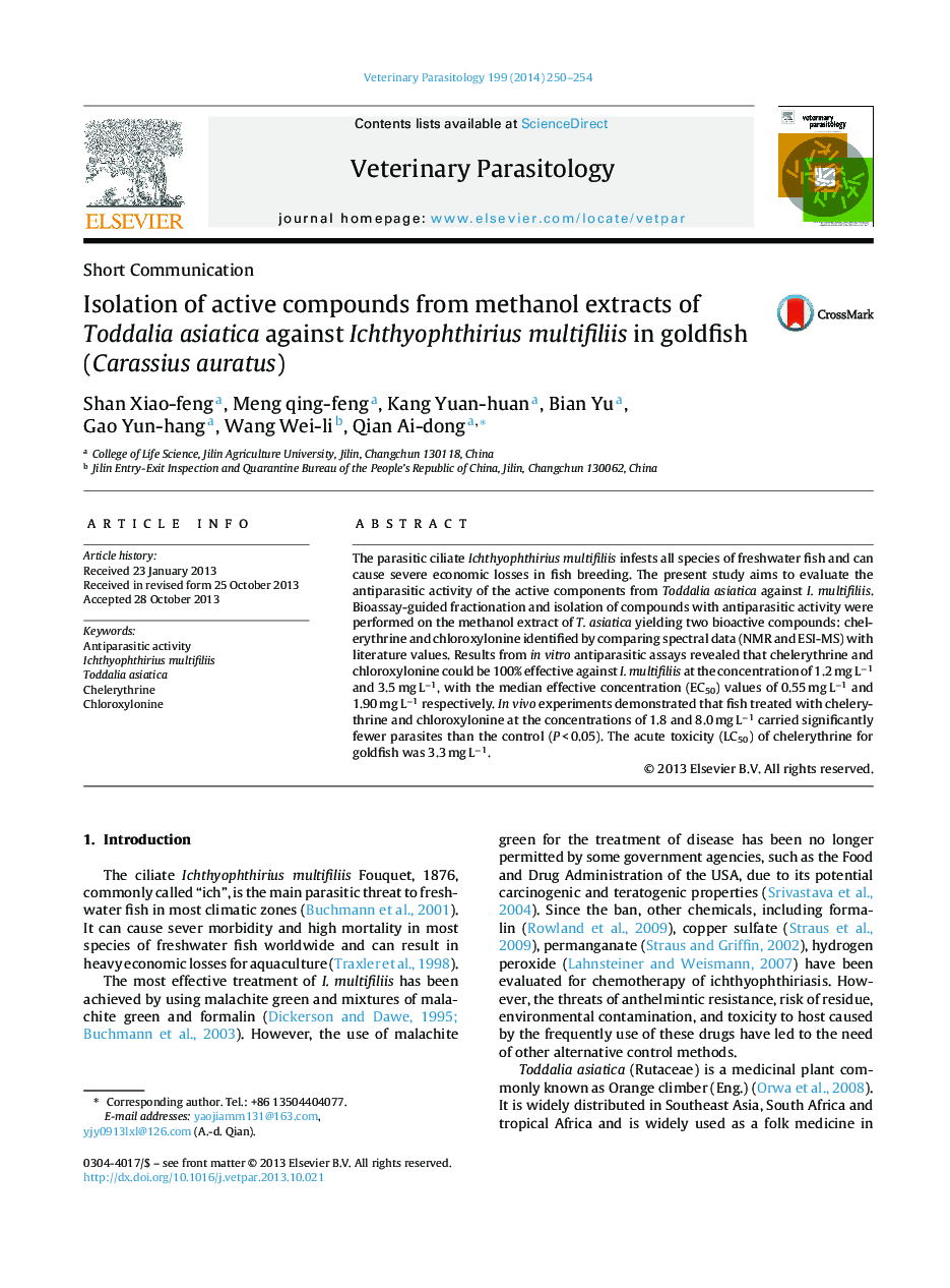 Isolation of active compounds from methanol extracts of Toddalia asiatica against Ichthyophthirius multifiliis in goldfish (Carassius auratus)